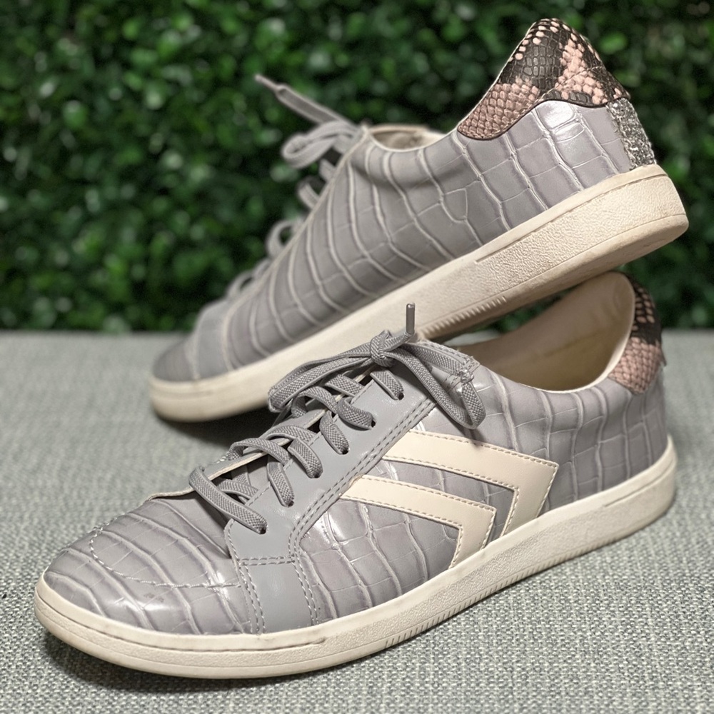 Dolce Vita Gray Croc-Embossed Sneakers with Cream Chevron and Pink Snake Heel